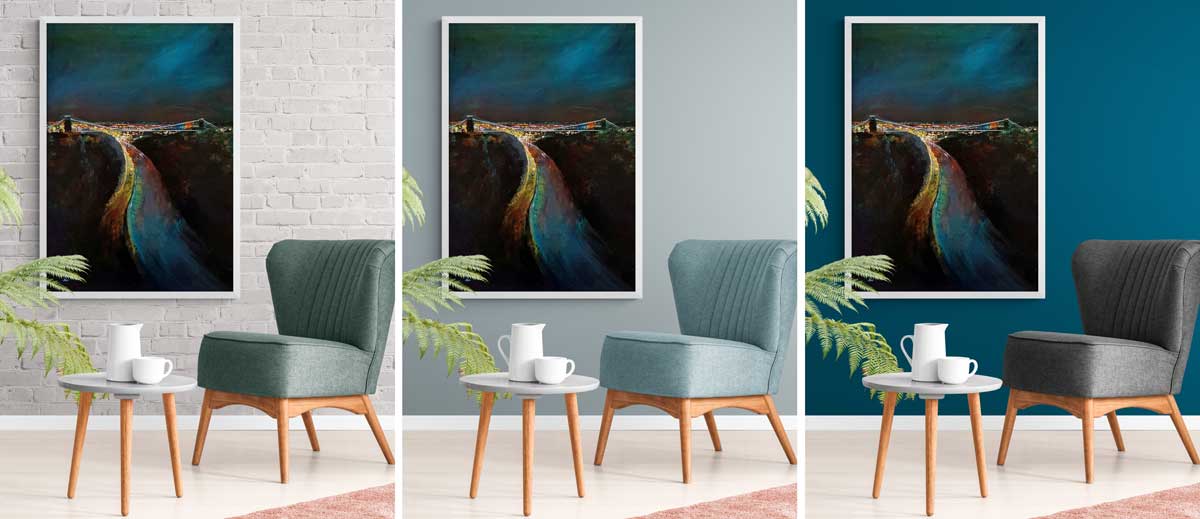 A grid of six in-room mockups showing the same print placed in different interiors — a bedroom, a dining area, a minimalist lounge, a study, a hallway, and a kitchen.