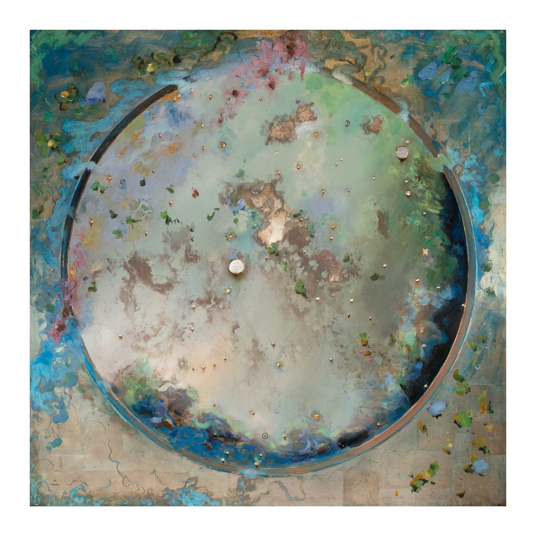Chris Rivers Zodiac Cancer painting — pearl-toned moon disc on a sage green and rose pink cosmic field, with embedded crystal stars