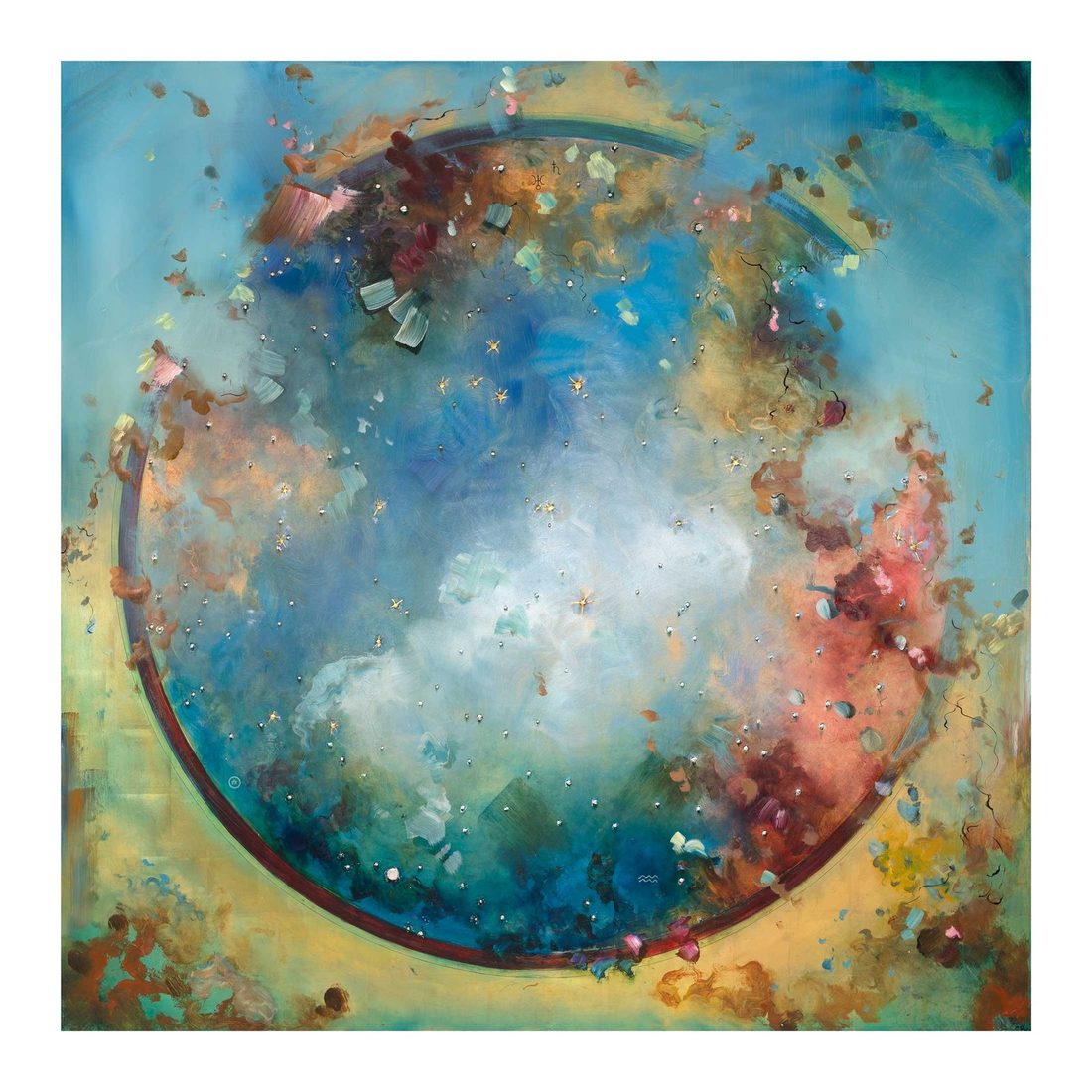 Chris Rivers Zodiac Aquarius painting — deep blue cosmos held within a dark ring on a yellow ochre ground, with embedded crystal stars