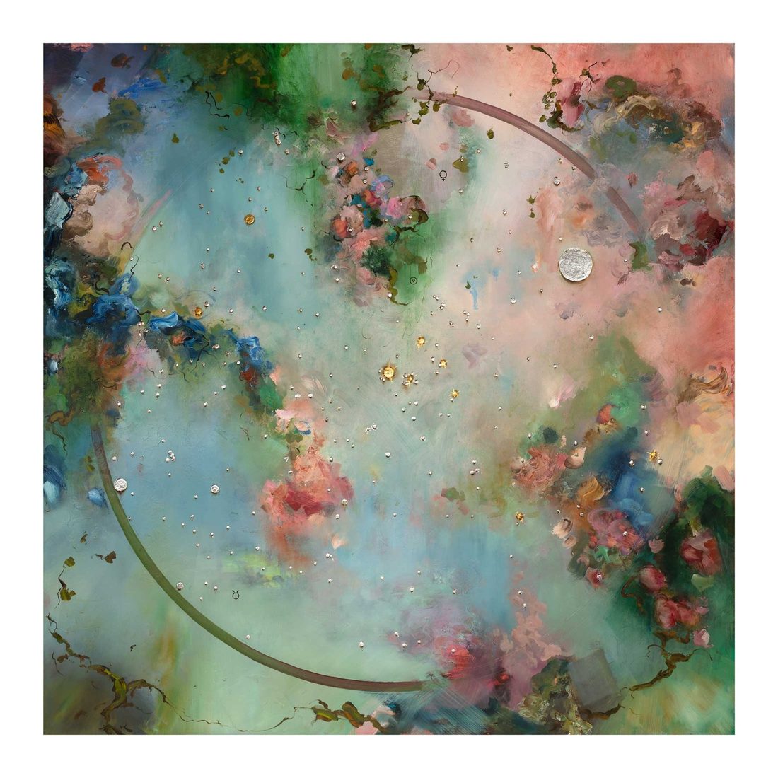 Chris Rivers Zodiac Taurus painting — coral, sage and ochre dust cloud field with the silver disc of Venus and curving orbital arcs