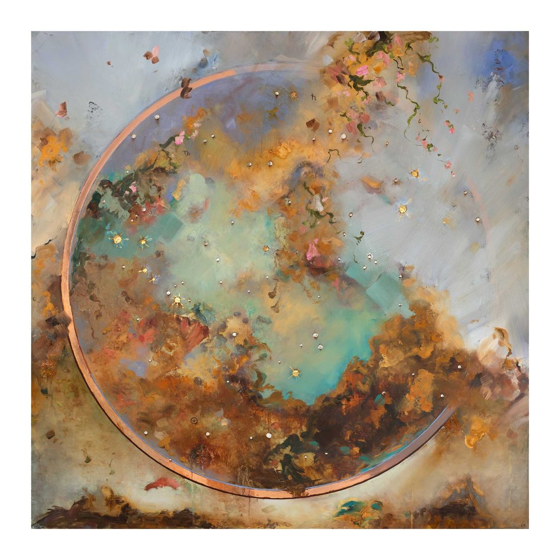 Chris Rivers Zodiac Capricorn painting — copper-rimmed disc framing an ochre and turquoise cosmic landscape with cascading rose and vine