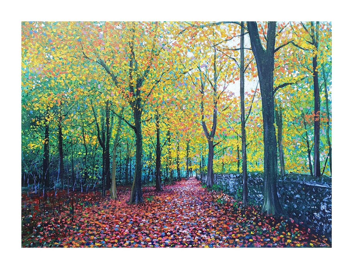 Jenny Urquhart painting of an autumn woodland path in Leigh Woods, Bristol, with a yellow and orange canopy and red fallen leaves underfoot