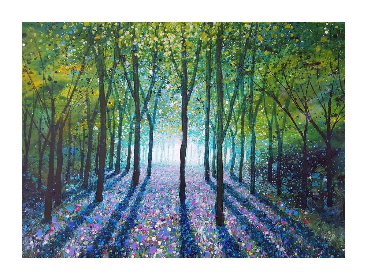Jenny Urquhart painting of a bluebell wood with shafts of sunlight breaking through the canopy onto a carpet of purple and pink flowers