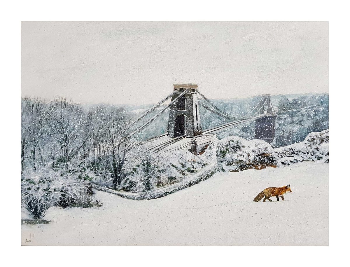 Jenny Urquhart painting of the Clifton Suspension Bridge in heavy snow with a fox crossing the foreground