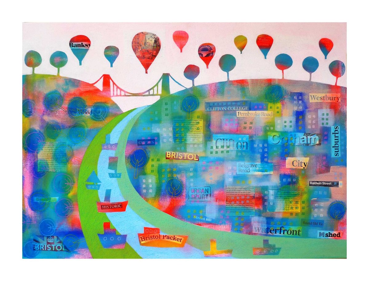 Jenny Urquhart mixed-media collage of Bristol with named neighbourhoods, the Suspension Bridge and hot-air balloons rising above the skyline