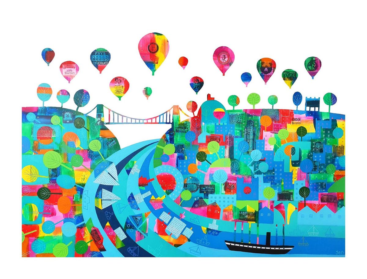 Jenny Urquhart cut-paper collage of Bristol with hot-air balloons rising above the Clifton Suspension Bridge and the SS Great Britain in the harbour