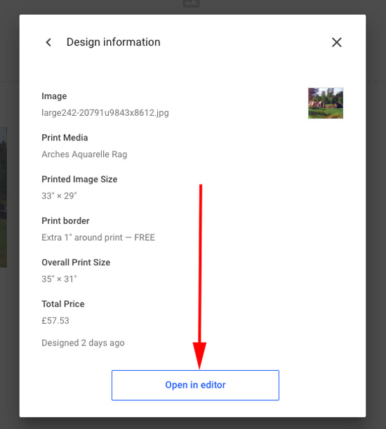 Design information modal showing the full details of a previous print order with an Open in Editor button