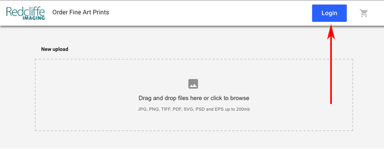 The Redcliffe artstore with a red arrow pointing to the Login button in the top right corner