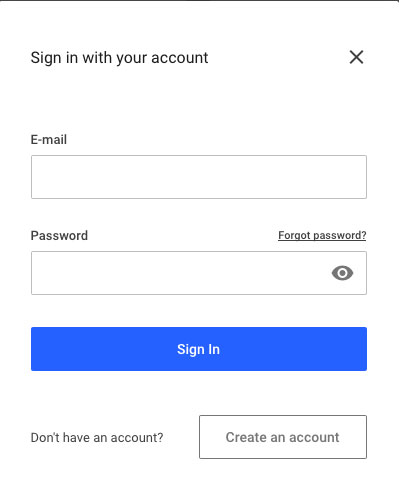 Sign in modal with email and password fields, Sign In button, and Forgot password link