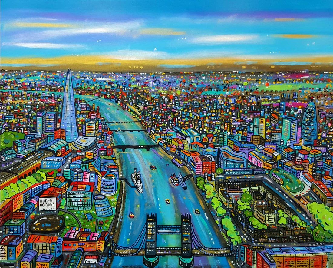 Maria Luisa Azzini aerial Thames painting with Tower Bridge, the Shard and the Gherkin in vibrant colour