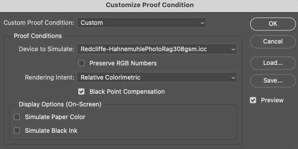 Adobe Photoshop Customise Proof Conditions dialog showing a Redcliffe ICC profile selected