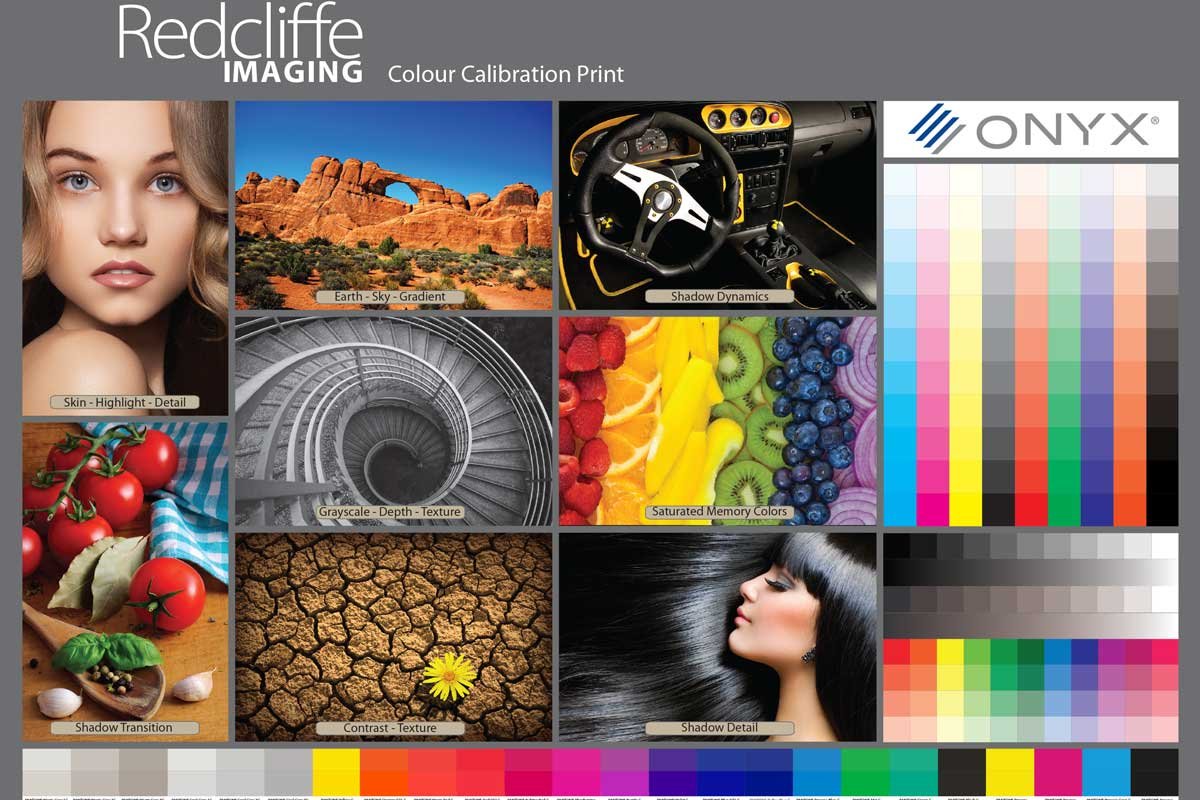 The Redcliffe Imaging colour calibration print, featuring skin tones, saturated colours, gradients, greyscale ramps and full CMYK and RGB strips.