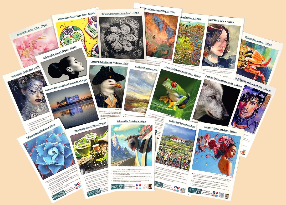 A fanned arrangement of Redcliffe&rsquo;s archival fine art paper samples, each printed with a different artist&rsquo;s work.