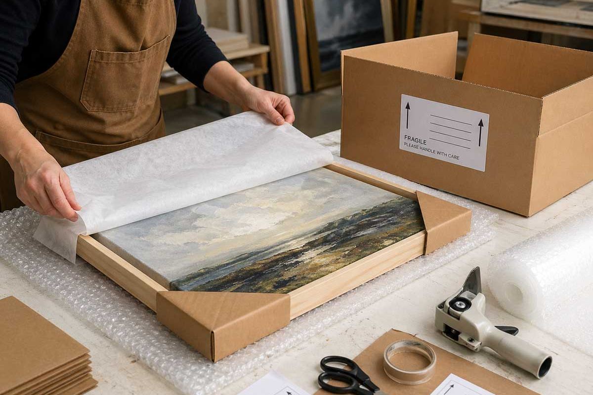 Original oil painting being carefully wrapped in tissue paper with corner protectors, ready for shipping to Redcliffe Imaging